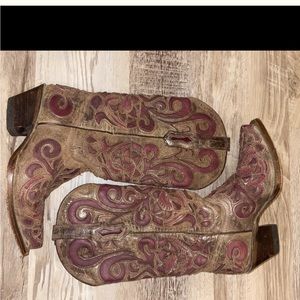 Cowgirl Boots Rustic Tan & Gray/Burgundy